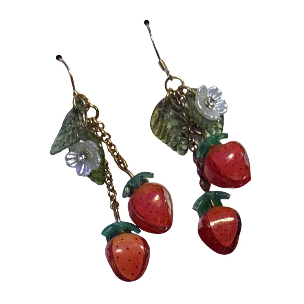 NEW Strawberry Dangle Earrings Red Green Floral Fruit Charm Gold Tone